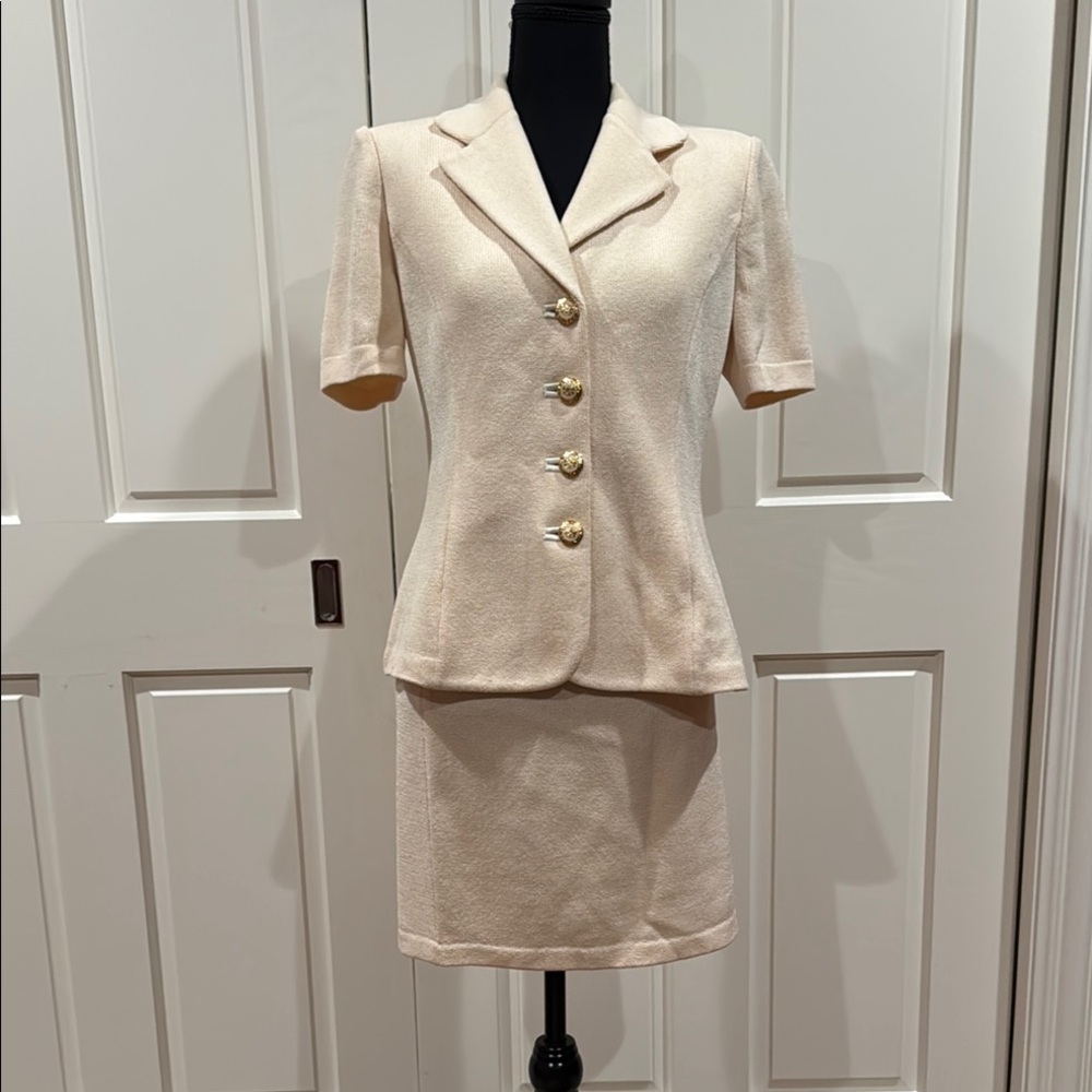 Classic Ivory St John Skirt Suit with Gold Buttons - pristine!